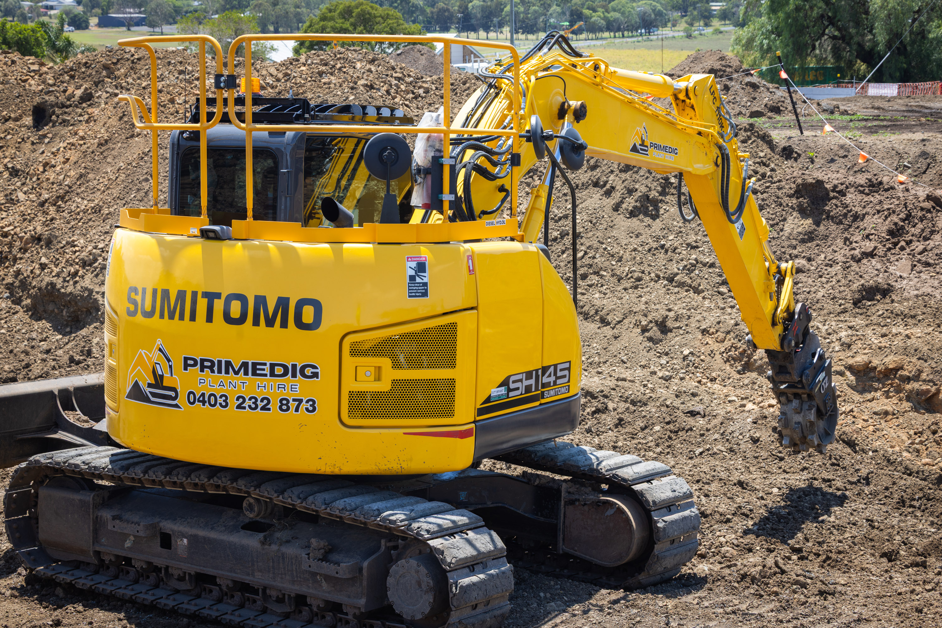 Sumitomo SH145X-7 excavator in PrimeDig livery on a Brisbane job site